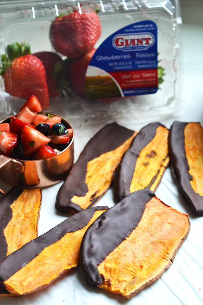This Chocolate Dipped Sweet Potato Toast with Strawberry Salsa is the perfect way to enjoy sweet potatoes for dessert!! The simple strawberry salsa is made with California Giant Berry Farms strawberries and blueberries and tossed with honey and mint!