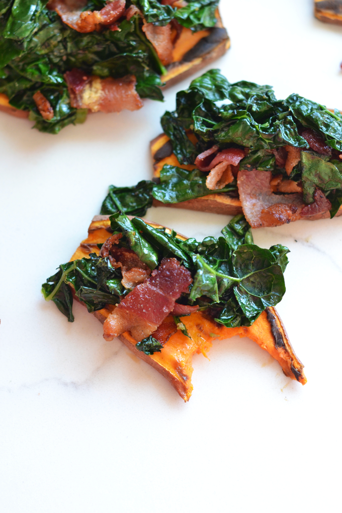 This Bacon Kale Sweet Potato Toast is perfect for breakfast or a snack on your Whole30! Takes one pan to make and you have a well balanced meal!