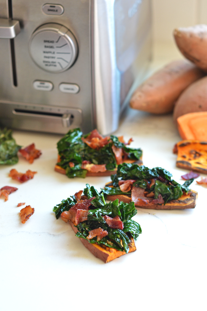 This Bacon Kale Sweet Potato Toast is perfect for breakfast or a snack on your Whole30! Takes one pan to make and you have a well balanced meal!
