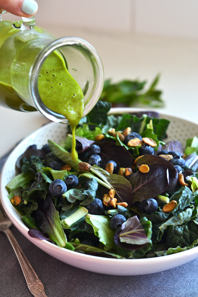 This Sweet Basil Dressing is Whole30 compliant and sweetened with dates! Perfect for a big summer salad!