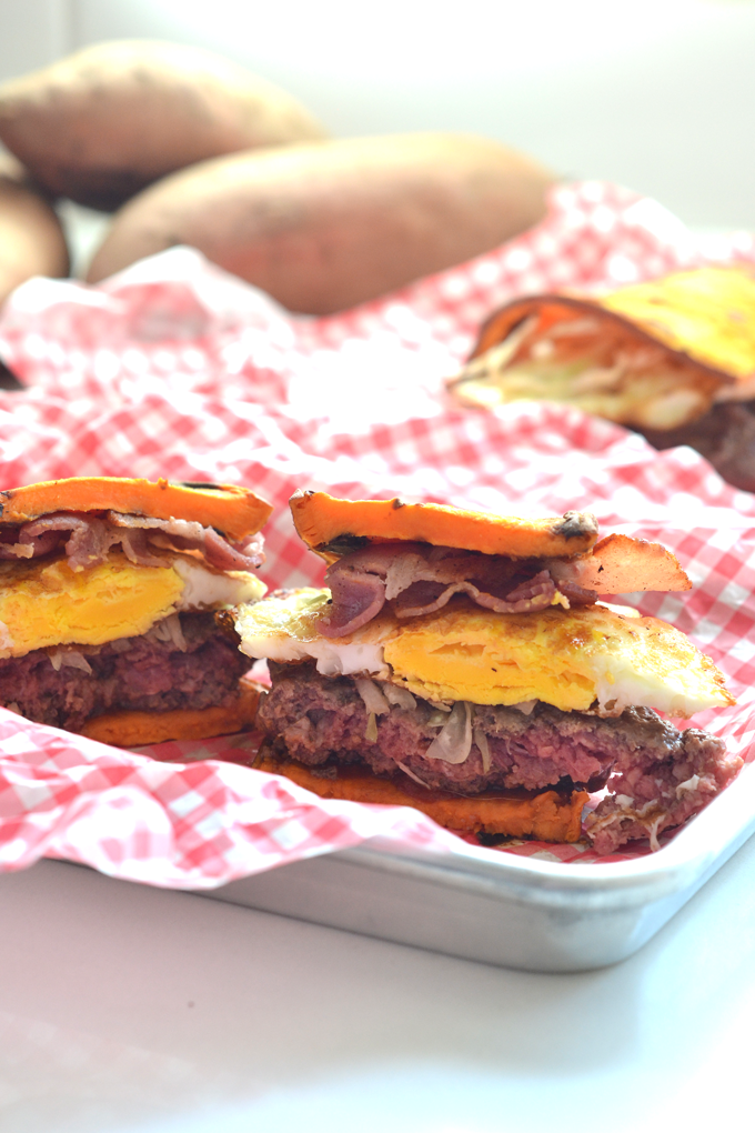 These Sweet Potato Toast Breakfast Burgers are the perfect protein packed grain free breakfast option!