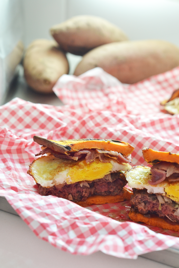 These Sweet Potato Toast Breakfast Burgers are the perfect protein packed whole30 breakfast option!