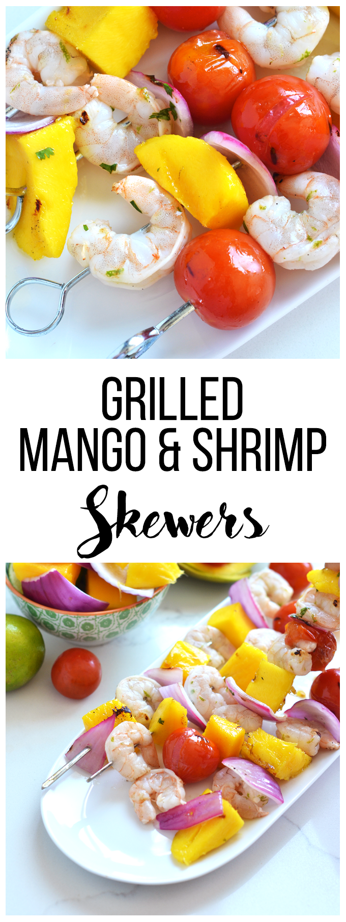 These Grilled Mango Shrimp Skewers are the perfect fresh and healthy way to barbecue this Summer! A cilantro lime sauce finishes it off beautifully!