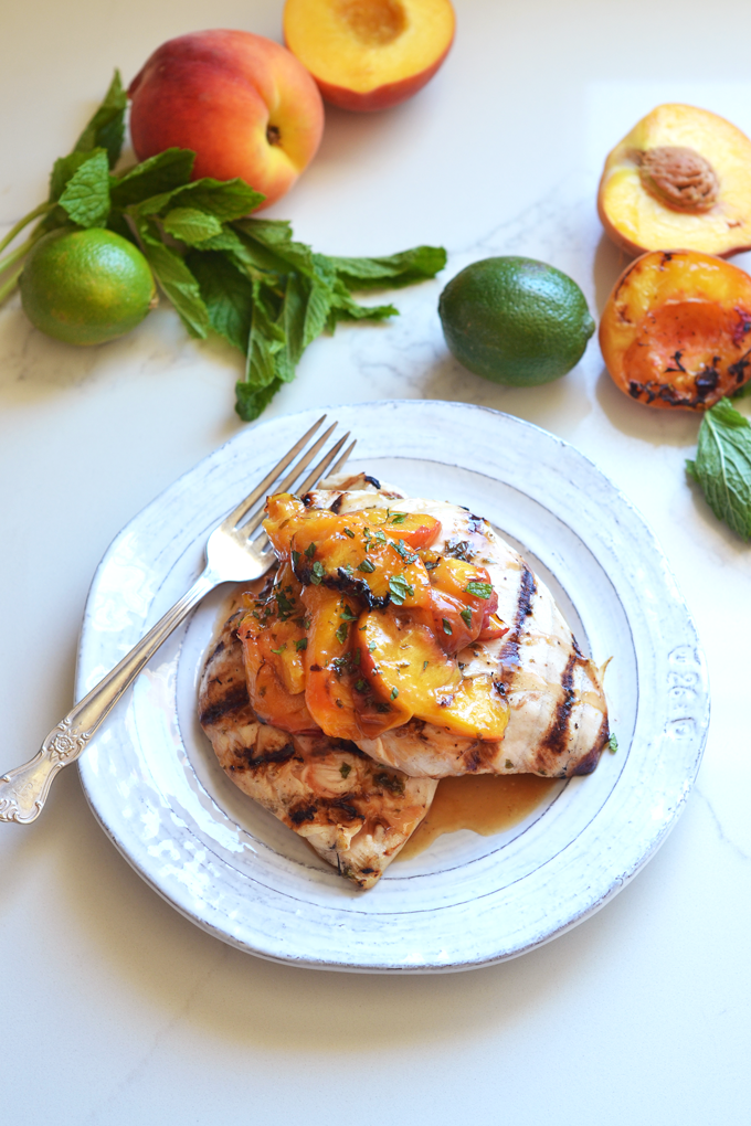 This Grilled Mojito Chicken and Peaches is a healthy and delicious meal for summer grilling! It is paleo and great for any dinner!