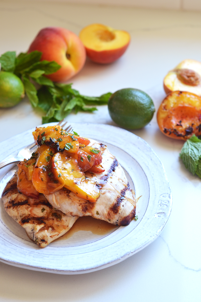 This Grilled Mojito Chicken and Peaches is a healthy and delicious meal for summer grilling! It is paleo and great for any dinner!