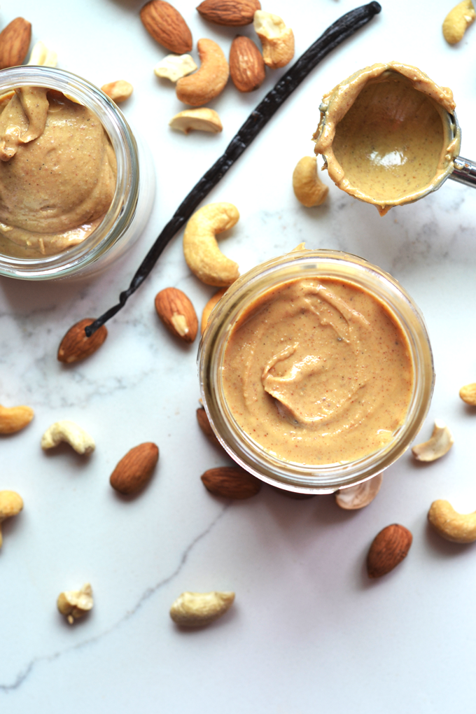 This Vanilla Bean Almond and Cashew Butter is a simple, whole30 and paleo nut butter that whips up in no time. Perfect on sweet potato toast!