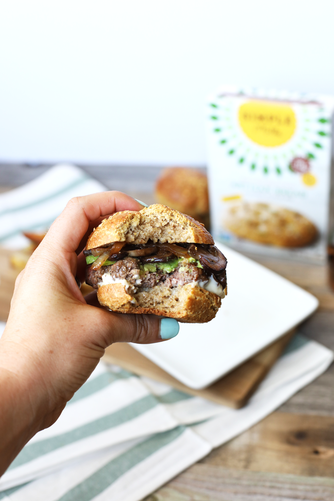 This Caramelized Onion and Mushroom Burger with Grain Free Bun is perfect for labor day and footballs season! A completely paleo burger for everyone to enjoy!