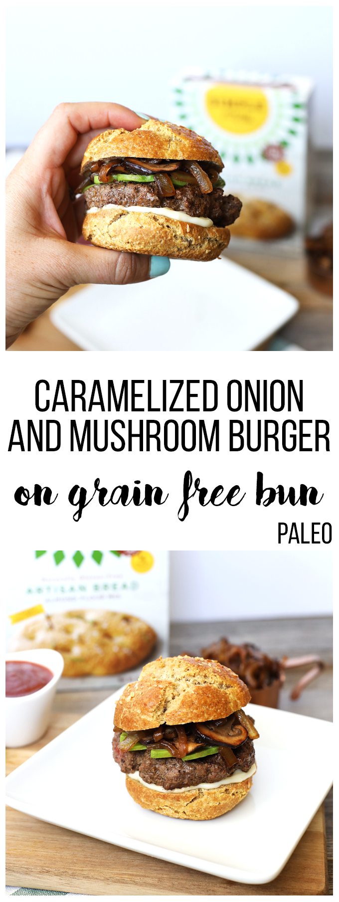 This Caramelized Onion and Mushroom Burger with Grain Free Bun is perfect for labor day and footballs season! A completely paleo burger for everyone to enjoy!
