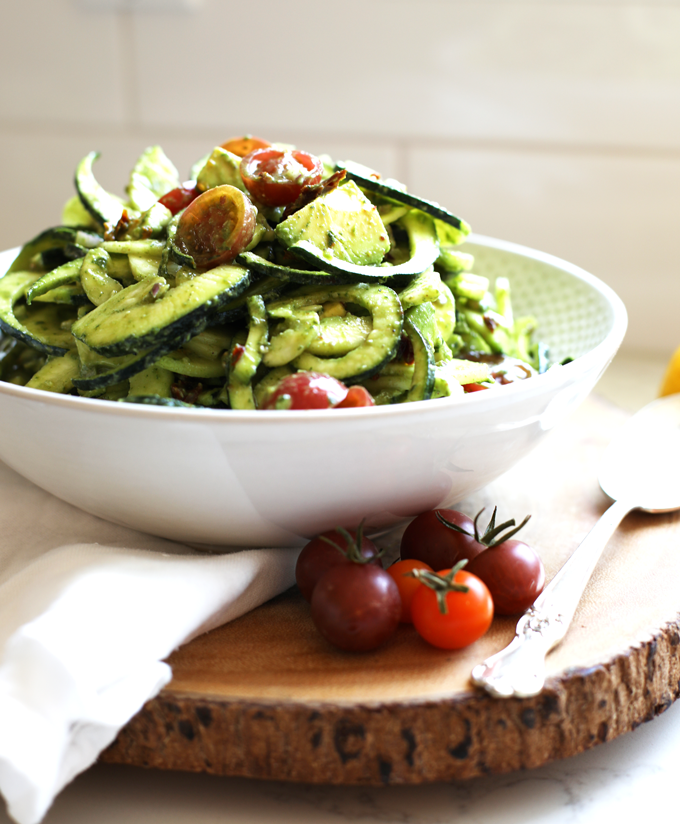 This Cold Pesto Zucchini Pasta Salad is a great summer side dish and is paleo and Whole30!