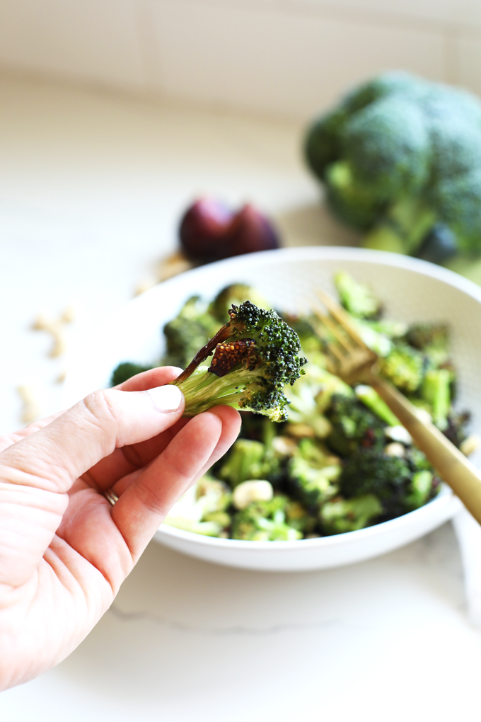 This Fig and Sage Roasted Broccoli Salad is a great paleo and whole30 side dish for summer or fall! Delicious warm or room temperature as well!