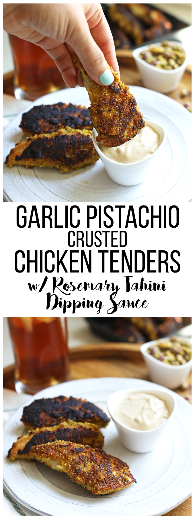 These Garlic Pistachio Chicken Tenders with Rosemary Tahini Dipping Sauce are Whole30 and perfect for kids too!