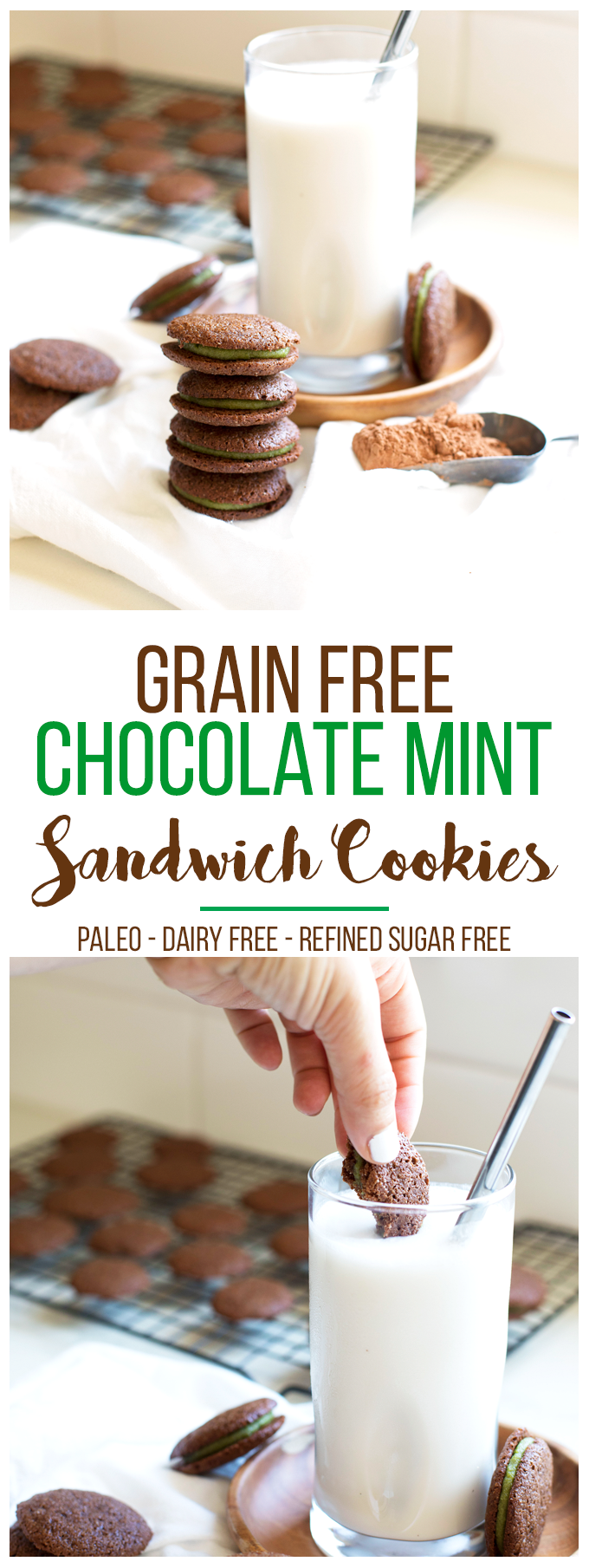 These Grain Free Chocolate Mint Sandwich Cookies are the perfect paleo treat - great for any time of the year! Dairy free and refined sugar free too!