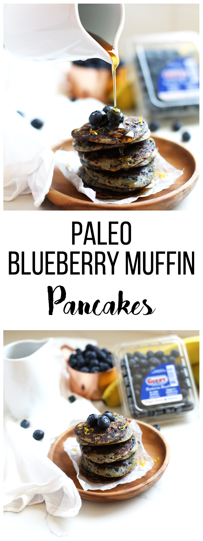 These Paleo Blueberry Muffin Pancakes only have a few ingredients and are a great grain free breakfast option for anyone!