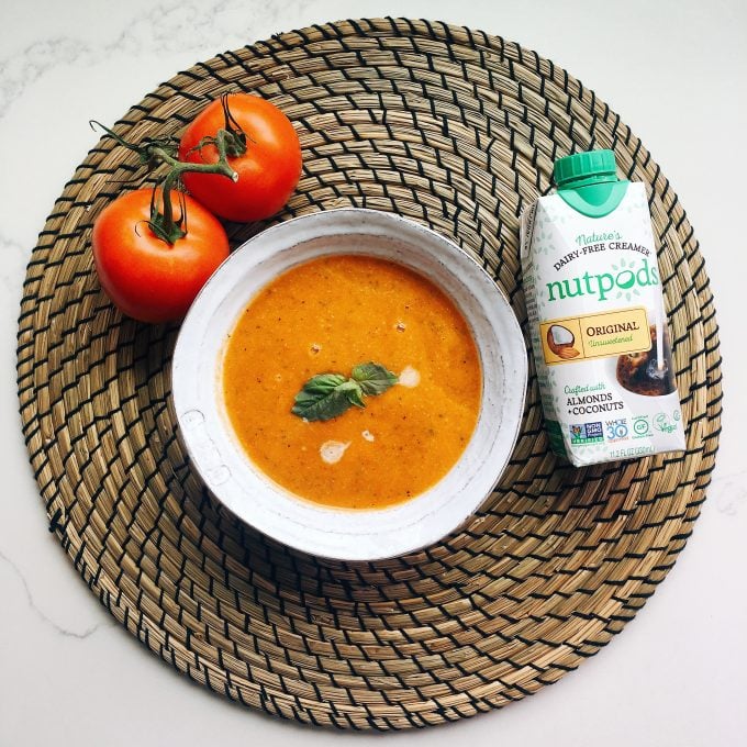 Whole30 Approved Lunch - Roasted Tomato Soup with nutpods creamer to make it smooth and creamy!