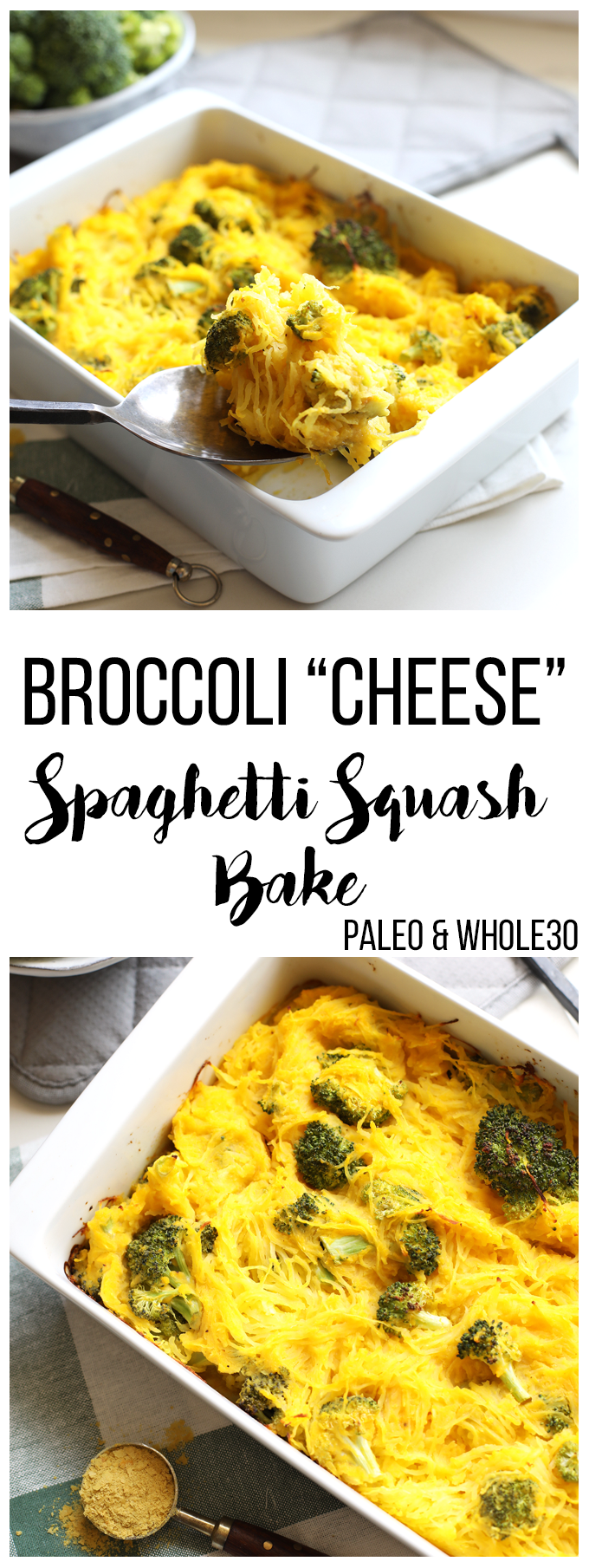 This Broccoli "Cheese" Spaghetti Squash Bake is a great way to celebrate fall comfort food with none of the guilt! With a cheese sauce made from butternut squash this is Paleo and Whole30!