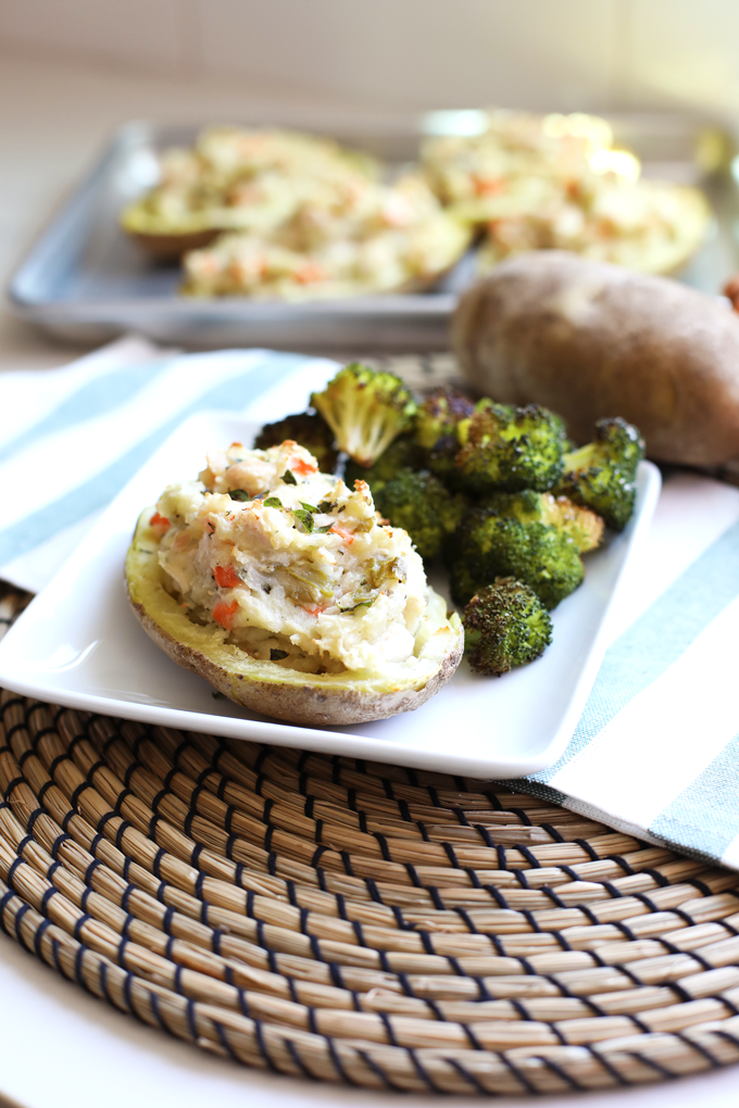 This Chicken Pot Pie Twice Baked Potato is healthy comfort food at its finest! Whole30 compliant and perfect for fall!