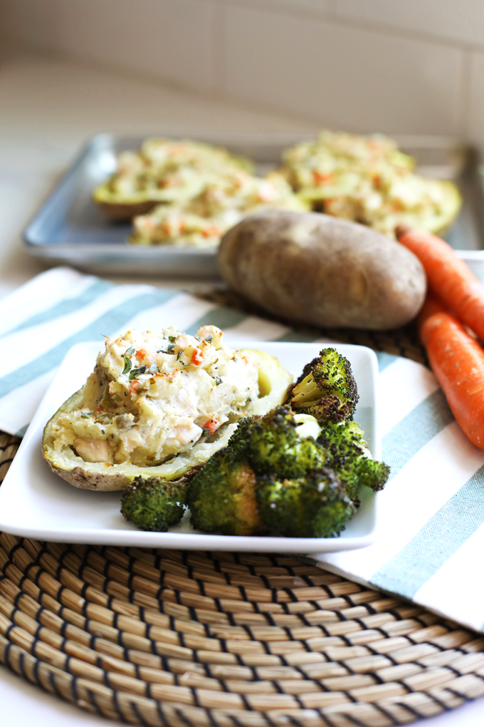 This Chicken Pot Pie Twice Baked Potato is healthy comfort food at its finest! Whole30 compliant and perfect for fall!