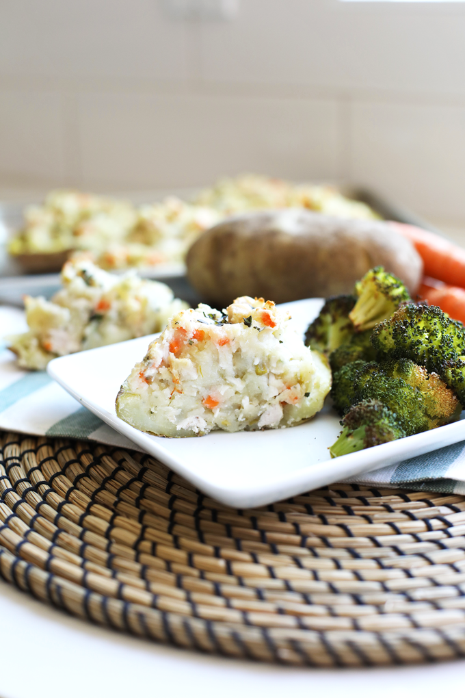 This Chicken Pot Pie Twice Baked Potato is healthy comfort food at its finest! Whole30 compliant and perfect for fall!
