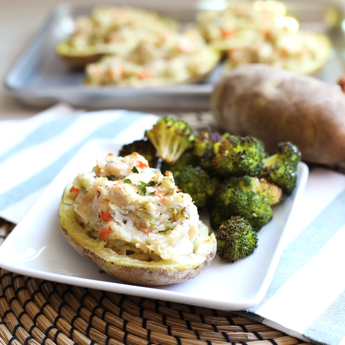 This Chicken Pot Pie Twice Baked Potato is healthy comfort food at its finest! Whole30 compliant and perfect for fall!