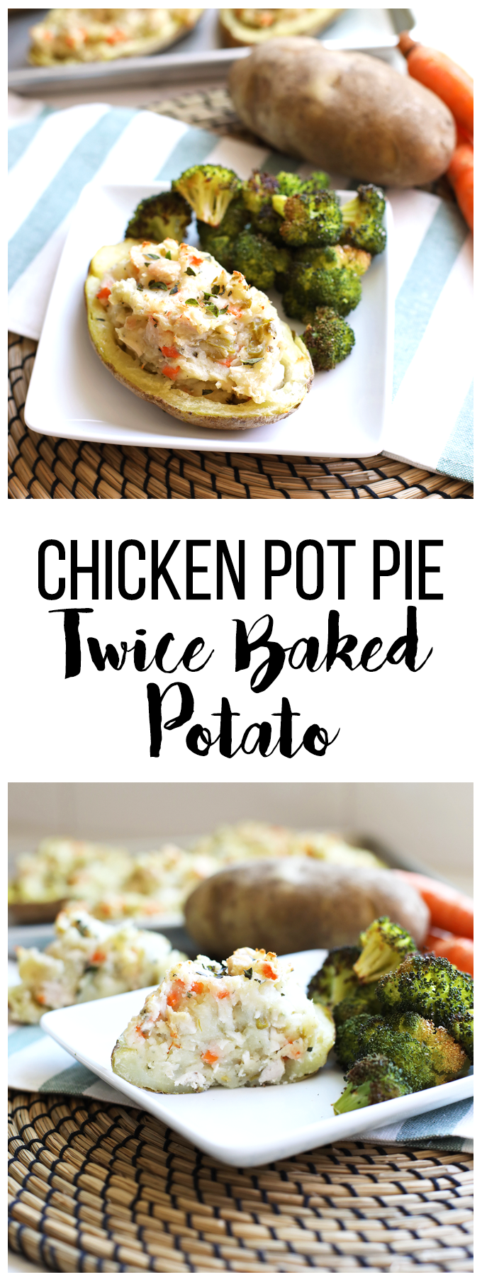 This Chicken Pot Pie Twice Baked Potatoes recipe is healthy comfort food at its finest! Whole30 compliant and perfect for fall!