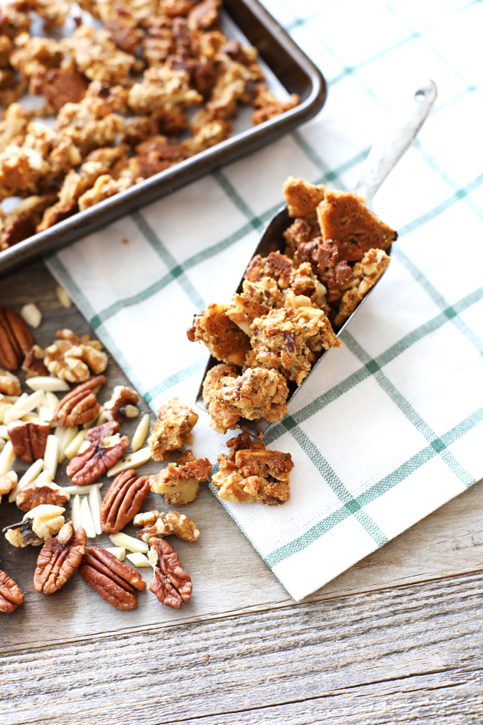 This Chunky Grain Free Granola is perfect to top a smoothie bowl or eat by the handful!