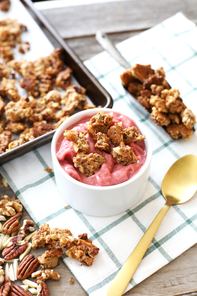 This Chunky Grain Free Granola is perfect to top a smoothie bowl or eat by the handful!