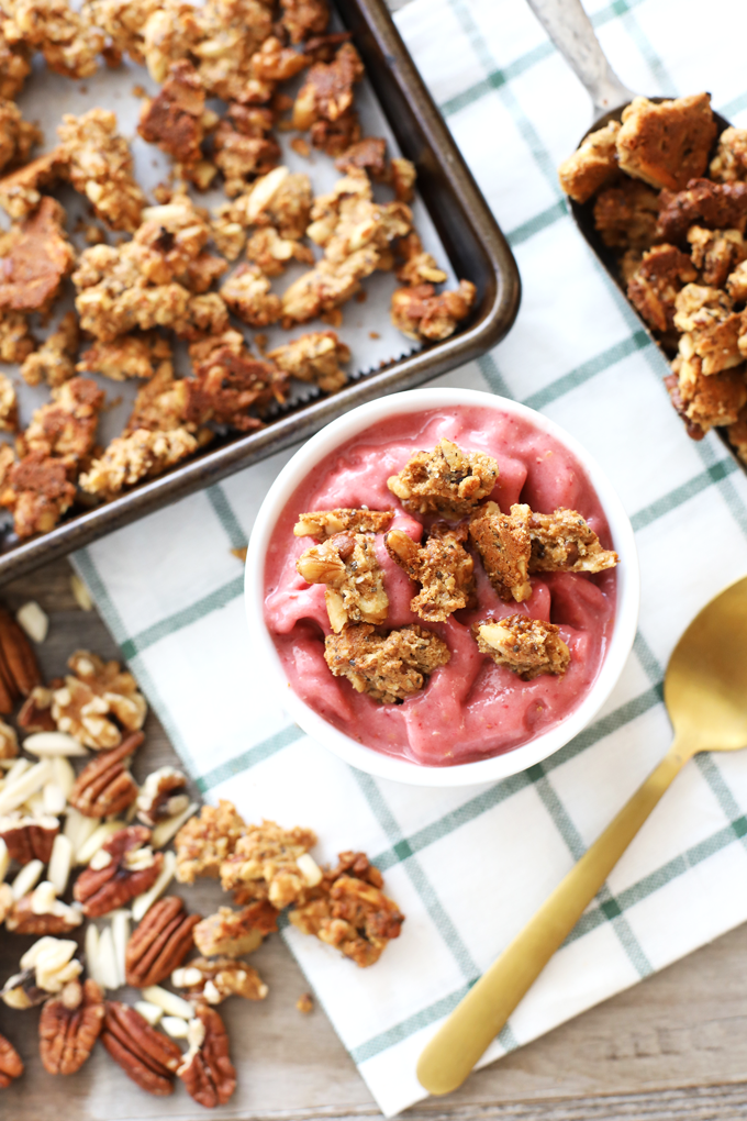 This Chunky Grain Free Granola is perfect to top a smoothie bowl or eat by the handful!