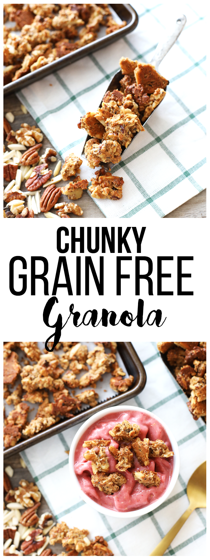 This Chunky Grain Free Granola is perfect to top a smoothie bowl or eat by the handful!