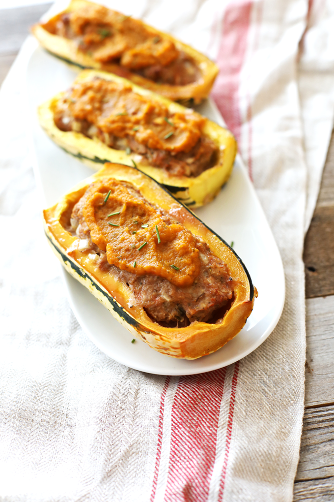 This Harvest Turkey Meatloaf Stuffed Delicata Squash is the perfect fall time meal! It is Whole30 compliant and so easy to throw together!