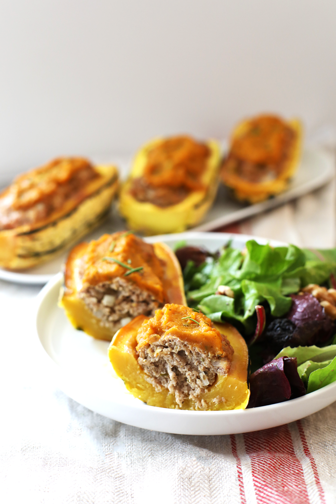 This Harvest Turkey Meatloaf Stuffed Delicata Squash is the perfect fall time meal! It is paleo and so easy to throw together!