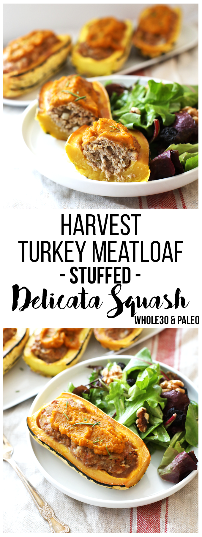 This Harvest Turkey Meatloaf Stuffed Delicata Squash is the perfect fall time meal! It is whole30, paleo and so easy to throw together!