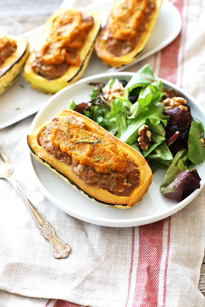 This Harvest Turkey Meatloaf Stuffed Delicata Squash is the perfect fall time meal! It is whole30, paleo and so easy to throw together!