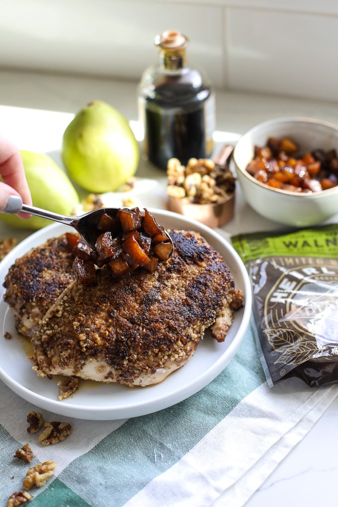 This Walnut Crusted Chicken w/ Balsamic Pear Compote is a super simple yet extremely tasty whole30 dinner that the whole family will love!