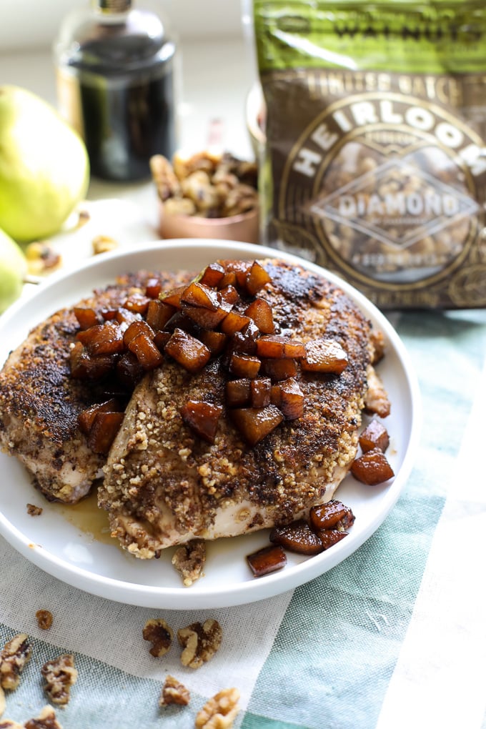 This Walnut Crusted Chicken w/ Balsamic Pear Compote is a super simple yet extremely tasty whole30 dinner that the whole family will love!