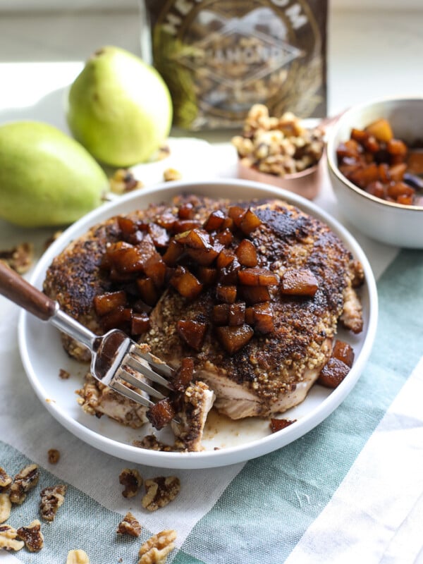 This Walnut Crusted Chicken w/ Balsamic Pear Compote is a super simple yet extremely tasty whole30 dinner that the whole family will love!