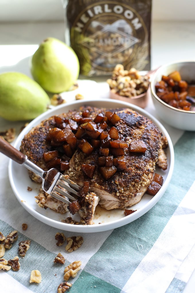 This Walnut Crusted Chicken w/ Balsamic Pear Compote is a super simple yet extremely tasty whole30 dinner that the whole family will love!