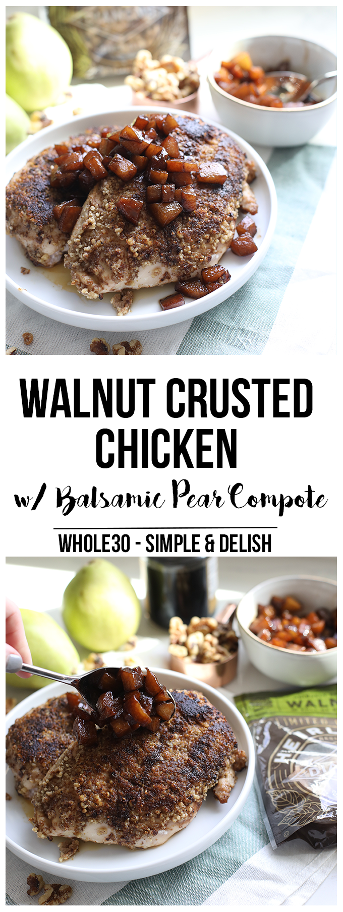 This Walnut Crusted Chicken w/ Balsamic Pear Compote is a super simple yet extremely tasty whole30 dinner that the whole family will love!