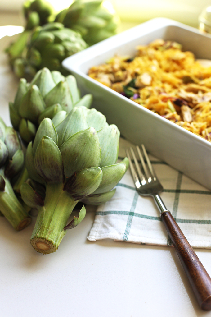 This Balsamic Artichoke & Chicken Spaghetti Squash Bake recipe is so simple to throw together, whole30 compliant and delicious!