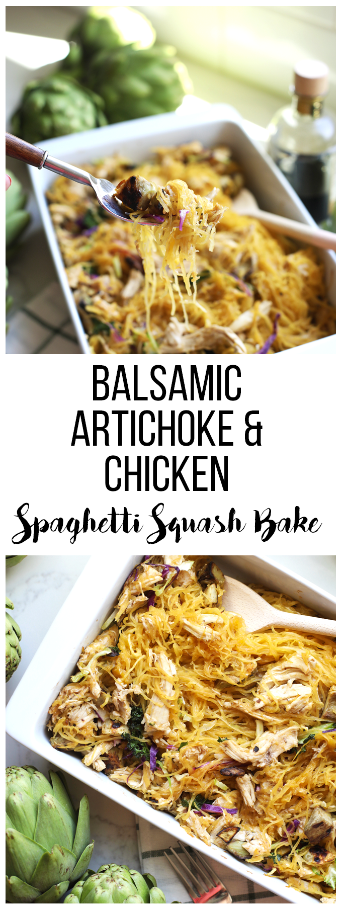 This Balsamic Artichoke & Chicken Spaghetti Squash Bake recipe is so simple to throw together, whole30 compliant and delicious!