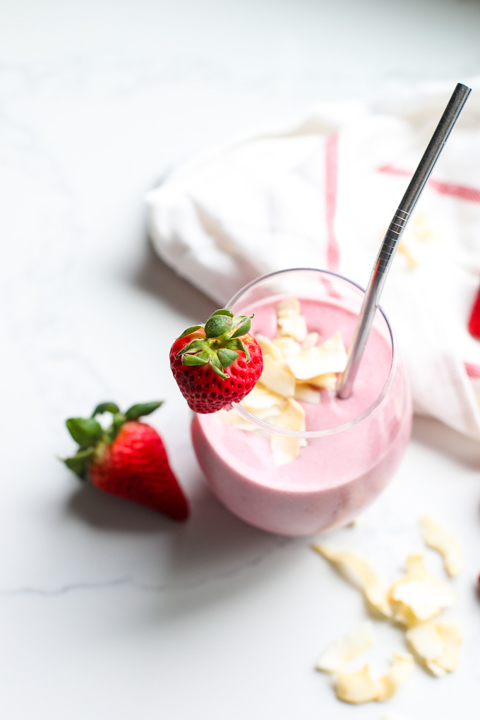 This Strawberry Coconut Strawberry Smoothie is a perfect way to start the day with healthy fat and tons of great berry benefits! Also has some cauliflower for added nutrients!