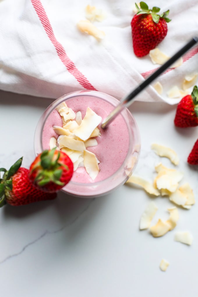 This Strawberry Coconut Strawberry Smoothie is a perfect way to start the day with healthy fat and tons of great berry benefits! Also has some cauliflower for added nutrients!