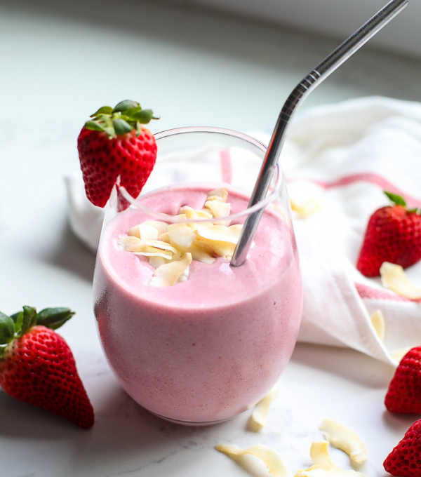 This Strawberry Coconut Strawberry Smoothie is a perfect way to start the day with healthy fat and tons of great berry benefits! Also has some cauliflower for added nutrients!