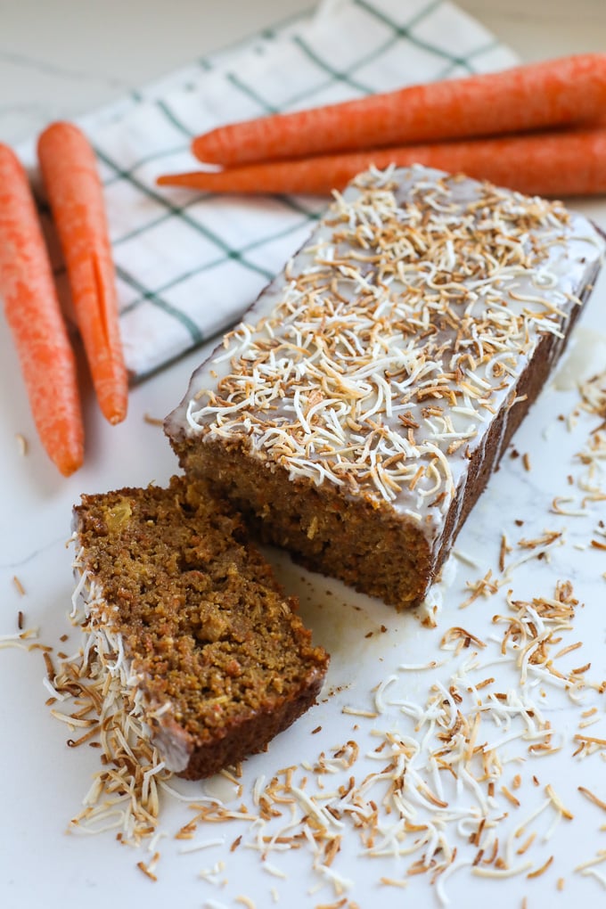 This Grain Free Toasted Coconut Carrot Cake is packed with veggies and super delicious for an easter dessert!