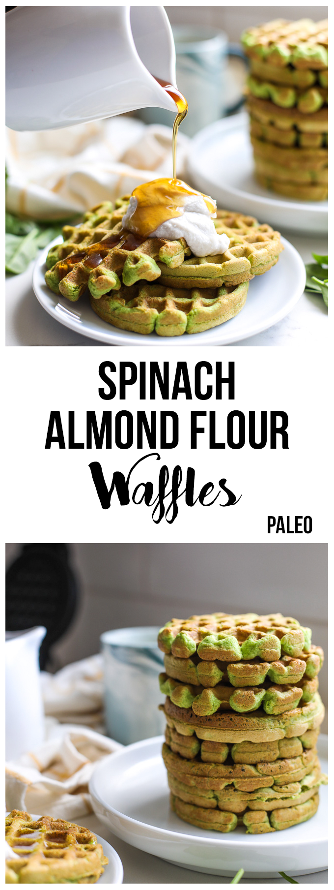 These Spinach Almond Flour Waffles are a simple paleo breakfast that the whole family will love! Perfect for sneaking in extra veggies in a delicious way!