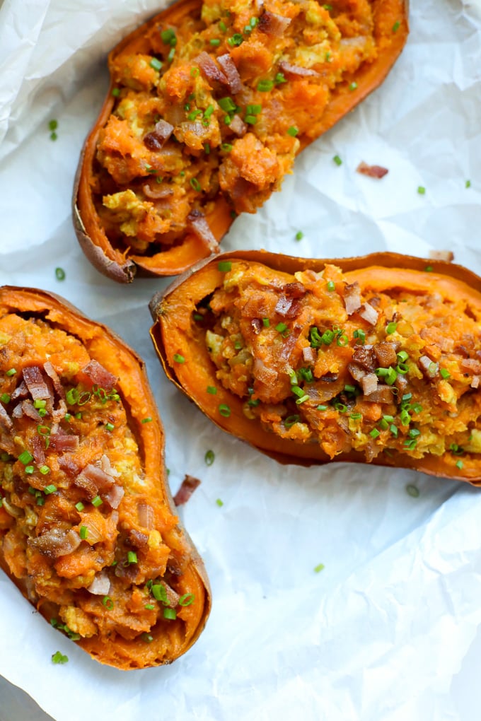 These Twice Baked Breakfast Sweet Potatoes recipe is perfect for a whole30 breakfast that everyone in the family will love!