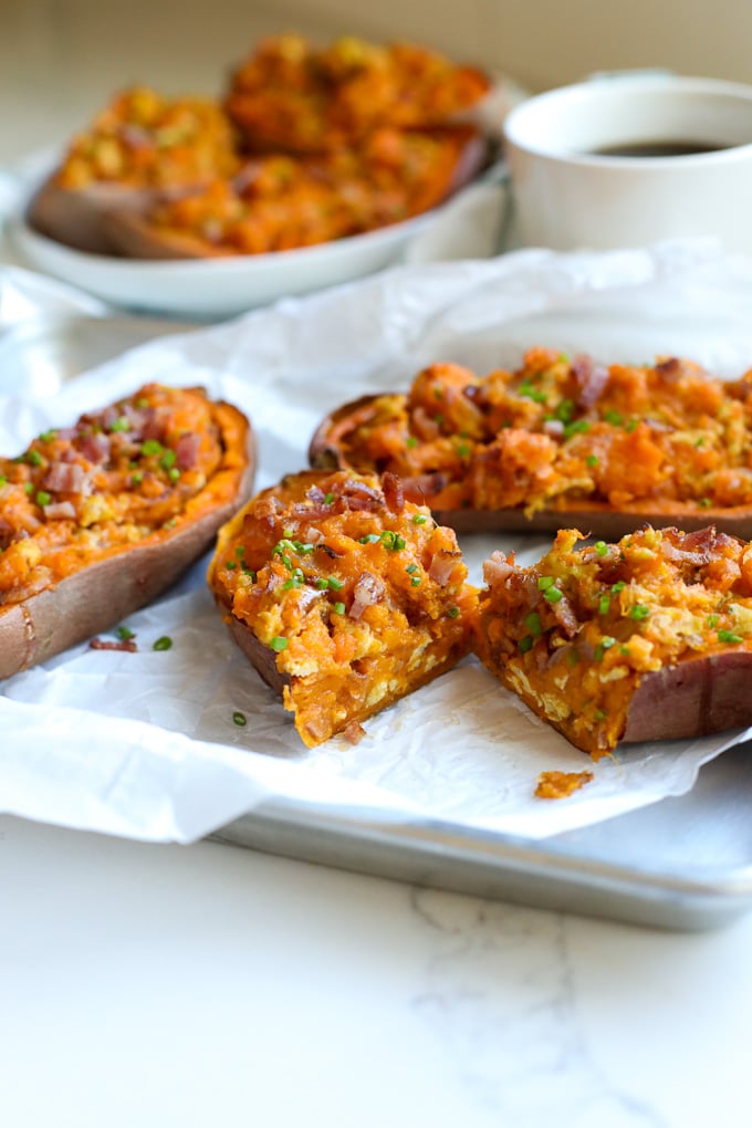 These Twice Baked Breakfast Sweet Potatoes recipe is perfect for a whole30 breakfast that everyone in the family will love!