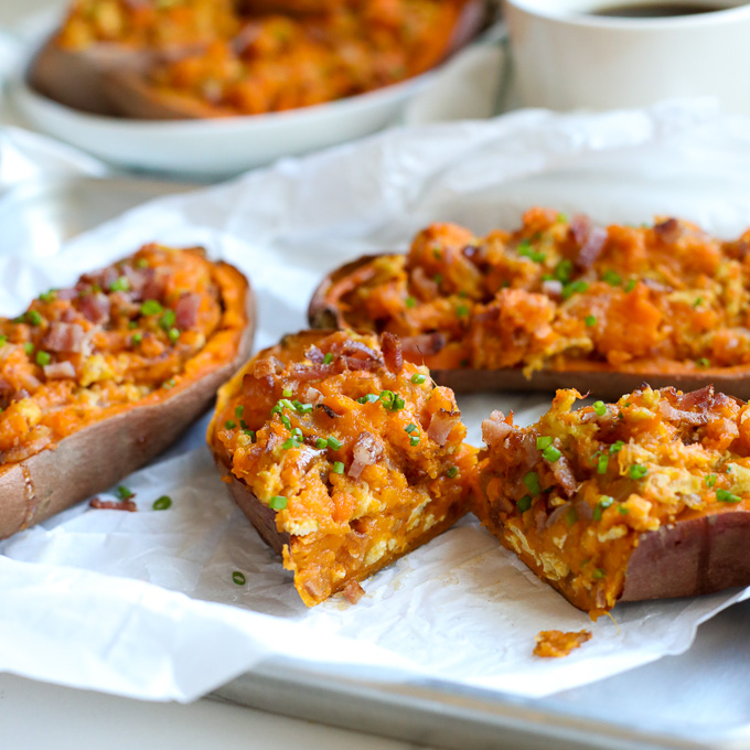 Twice Baked Breakfast Sweet Potatoes - Little Bits of Real Food