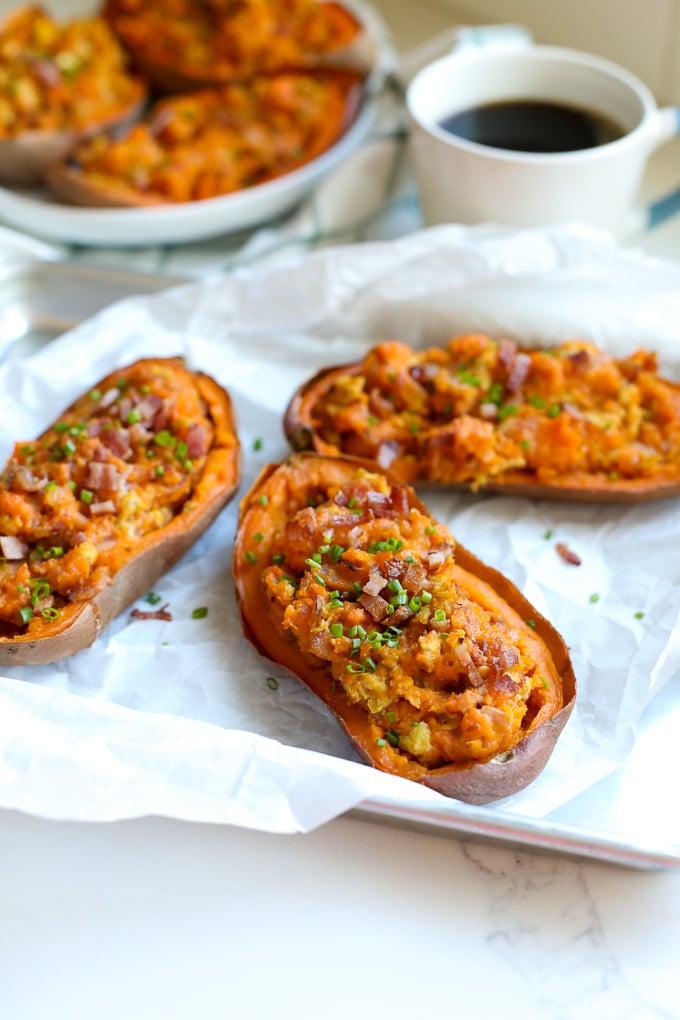 These Twice Baked Breakfast Sweet Potatoes recipe is perfect for a whole30 breakfast that everyone in the family will love!