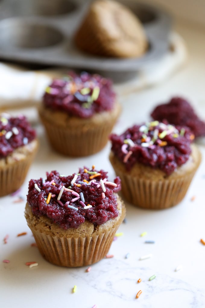 These Paleo Raspberry Vanilla Cupcakes are totally grain free and are sweetened with coconut sugar! Perfect for a birthday, bridal shower or any occasion!