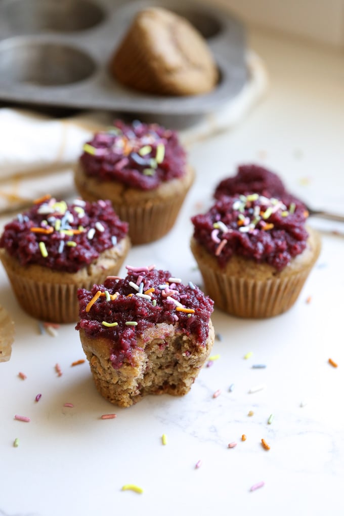 These Paleo Raspberry Vanilla Cupcakes are totally grain free and are sweetened with coconut sugar! Perfect for a birthday, bridal shower or any occasion!